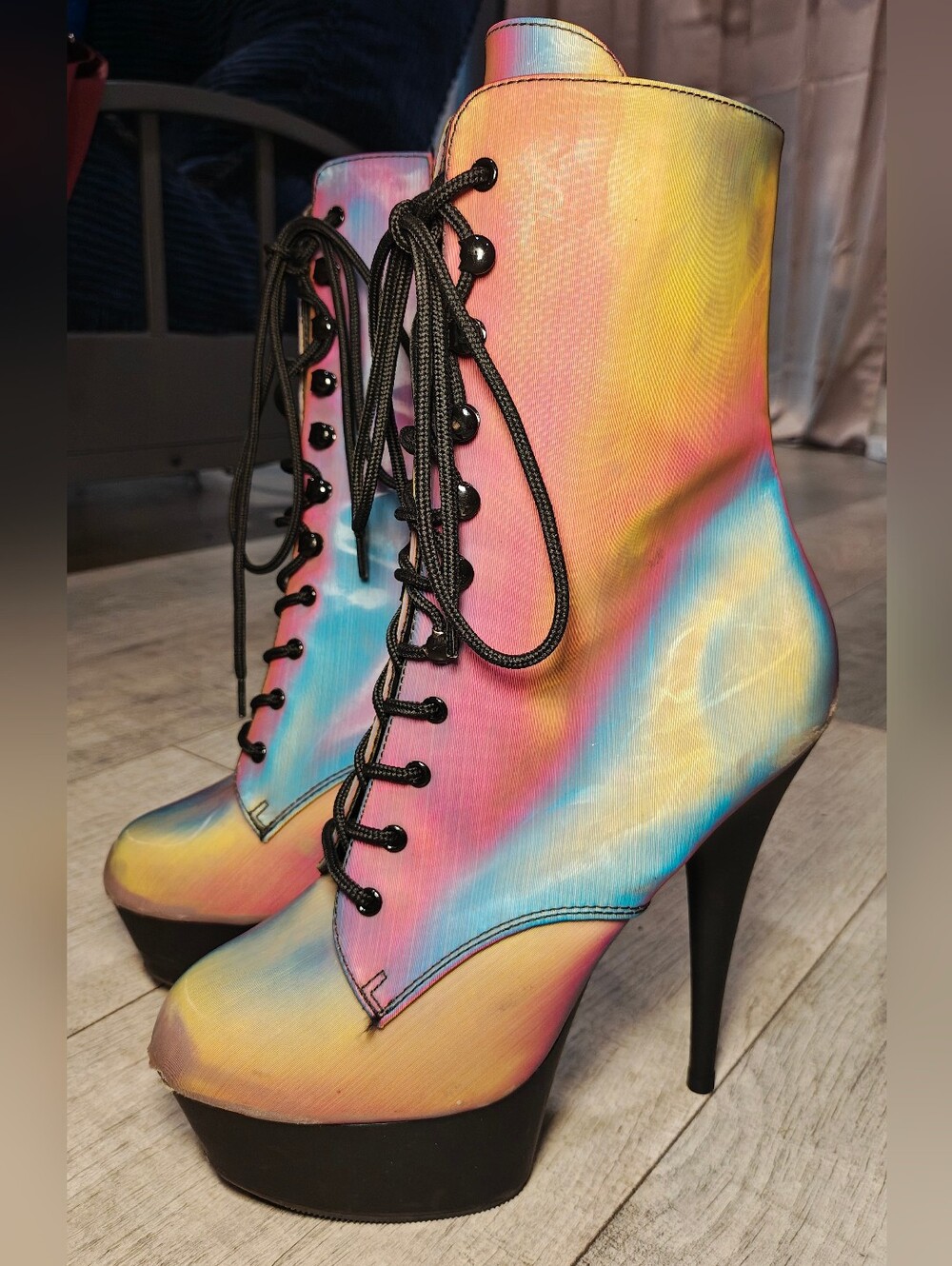 NWOT Pleaser Delight Rainbow Reflective Platform Stiletto Boots.